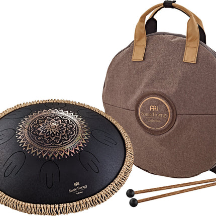 16" Octave Steel Tongue Drum, D Kurd, Lasered Floral Design, Black