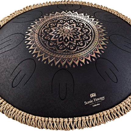 16" Octave Steel Tongue Drum, D Kurd, Lasered Floral Design, Black