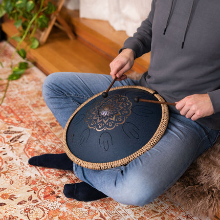 16" Octave Steel Tongue Drum, D Amara, Lasered Floral Design, Navy Blue