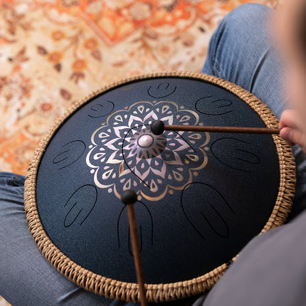 16" Octave Steel Tongue Drum, D Amara, Lasered Floral Design, Navy Blue