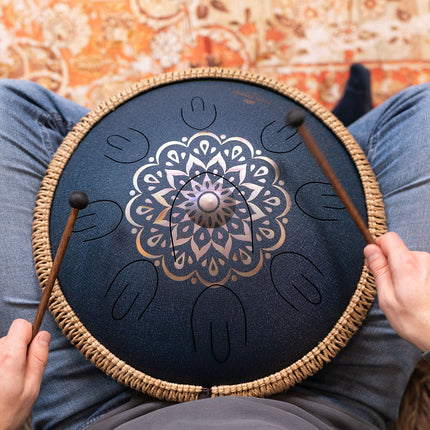 16" Octave Steel Tongue Drum, D Amara, Lasered Floral Design, Navy Blue