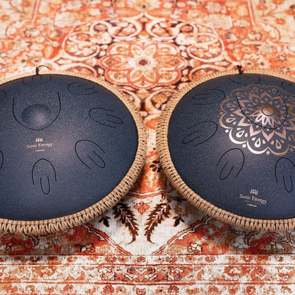 16" Octave Steel Tongue Drum, D Amara, Lasered Floral Design, Navy Blue