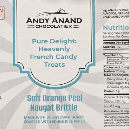 Andy Anand Chocolatier Orange Peel Nougat – Soft Nougat Brittle with Roasted Almonds & Wildflower Honey from Spain – Gluten-Free, Vegan, Dairy & Soy-Free Gourmet Snack, 7 oz Box