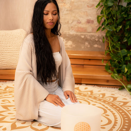 10" White-Frosted Crystal Singing Bowl, Flower of Life 128 Hz