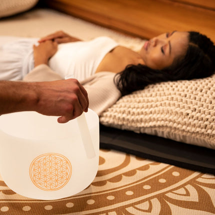 10" White-Frosted Crystal Singing Bowl, Flower of Life 128 Hz