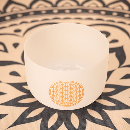 10" White-Frosted Crystal Singing Bowl, Flower of Life 128 Hz