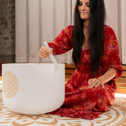 16" White-Frosted Crystal Singing Bowl, Flower of Life 128 Hz