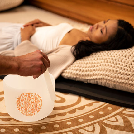 8" White-Frosted Crystal Singing Bowl, Flower of Life 128 Hz