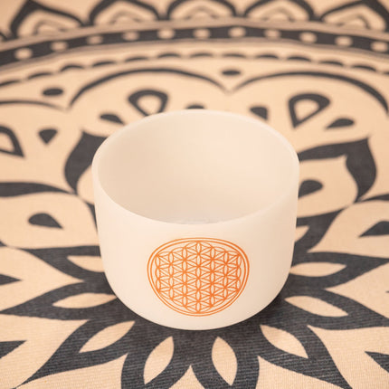 8" White-Frosted Crystal Singing Bowl, Flower of Life 128 Hz