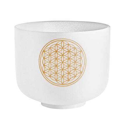 8" White-Frosted Crystal Singing Bowl, Flower of Life 128 Hz