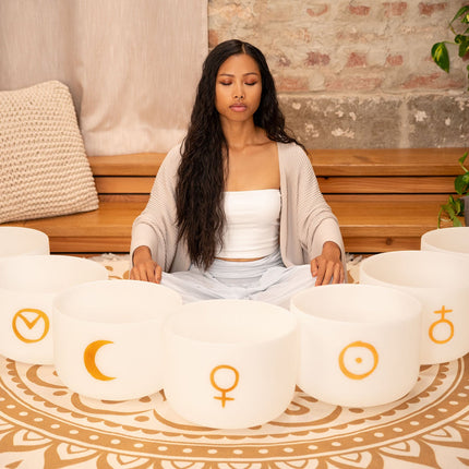 7-Piece Crystal Singing Bowl Chakra Set, Planetary Tuned
