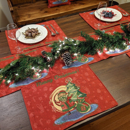 DaDa Bedding Set of 8 Pieces Red Santa Claus Holiday Table Tapestry - 4 Placemats, 2 Table Runners, 2 Throw Pillow Covers (17615)