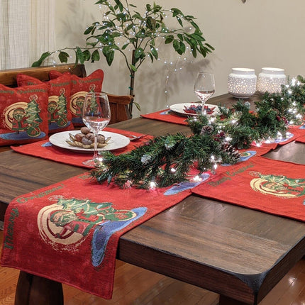 DaDa Bedding Set of 8 Pieces Red Santa Claus Holiday Table Tapestry - 4 Placemats, 2 Table Runners, 2 Throw Pillow Covers (17615)