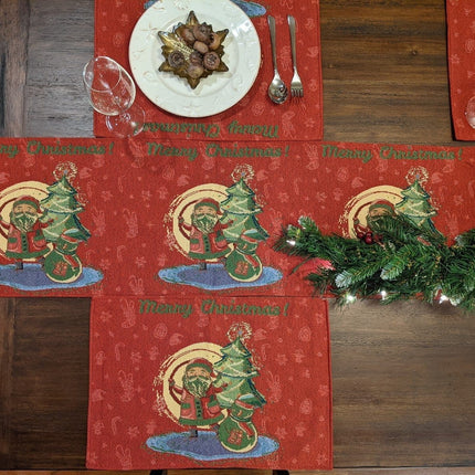 DaDa Bedding Set of 8 Pieces Red Santa Claus Holiday Table Tapestry - 4 Placemats, 2 Table Runners, 2 Throw Pillow Covers (17615)