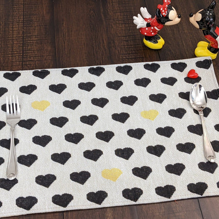 DaDa Bedding Set of 4-Pieces Lovely Yellow & Black Hearts Tapestry Dining Table Placemats 13” x 19” (18113)