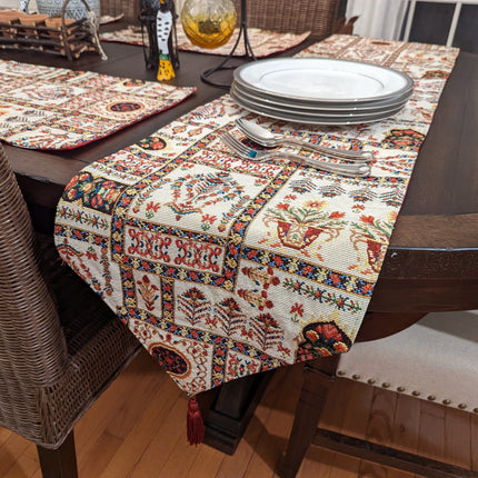 DaDalogy Bedding Cottage Mughal Floral Woven Tapestry Table Runner, Light Fleur White Botanical Vintage (18196)