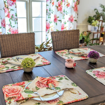 DaDa Bedding Set of 4-Pieces Romantic Roses Pink Floral Quilted Dining Placemats 13” x 19” (879)