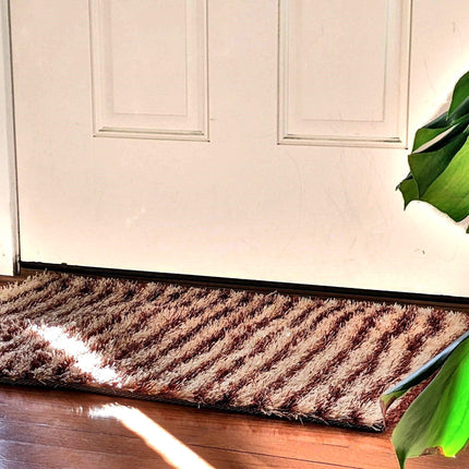 DaDa Bedding Shaggy Soft Door Mat Carpet Rug - 20" x 32" Striped Shiny Coffee Light Beige / Dark Brown