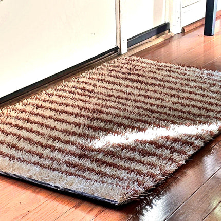 DaDa Bedding Shaggy Soft Door Mat Carpet Rug - 20" x 32" Striped Shiny Coffee Light Beige / Dark Brown