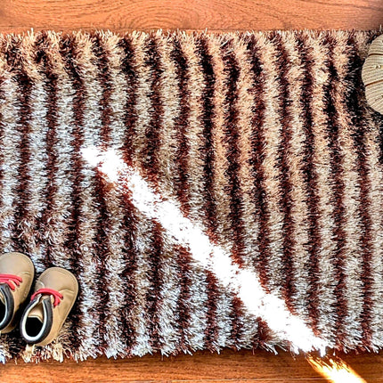 DaDa Bedding Shaggy Soft Door Mat Carpet Rug - 20" x 32" Striped Shiny Coffee Light Beige / Dark Brown