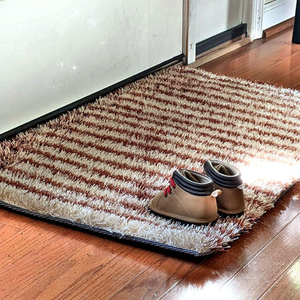 DaDa Bedding Shaggy Soft Door Mat Carpet Rug - 20" x 32" Striped Shiny Coffee Light Beige / Dark Brown