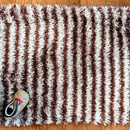DaDa Bedding Shaggy Soft Door Mat Carpet Rug - 20" x 32" Striped Shiny Coffee Light Beige / Dark Brown