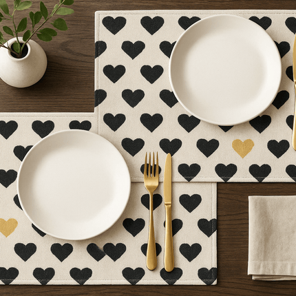 DaDa Bedding Set of 4-Pieces Lovely Yellow & Black Hearts Tapestry Dining Table Placemats 13” x 19” (18113)