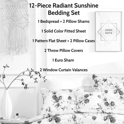 DaDa Bedding Bed in a Bag Bundle Set - Radiant Sunshine Yellow Hummingbirds Floral Bedding Set (JHW-925)