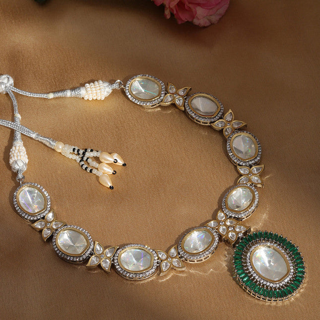 Designer Gold And Silver Tone Necklace With Green Center Piece