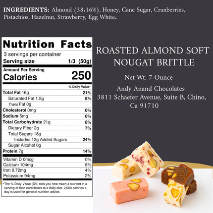 Andy Anand 28 bite-sized Roasted Almond Nougat Soft Nougat Brittle, Traditional European Turron Recipe Style, Nougat with Almonds - 7 Oz