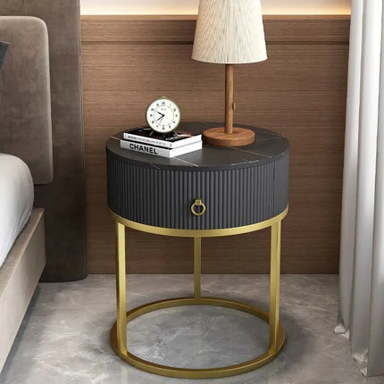 CelesteRound Modern Slate Nightstand – Minimalist Luxury Metal Side Table with Drawer for Bedroom & Living Elegance