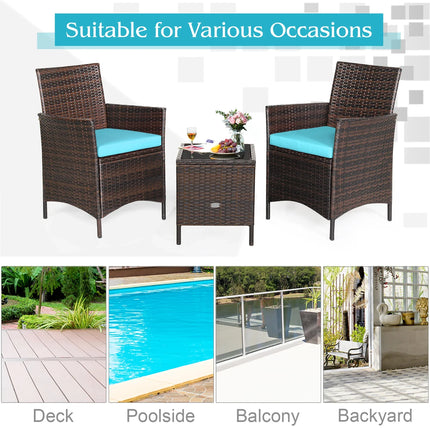 3PCS Patio Rattan Furniture Set Cushioned Sofa Glass Tabletop Deck Blue