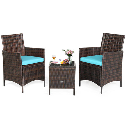 3PCS Patio Rattan Furniture Set Cushioned Sofa Glass Tabletop Deck Blue