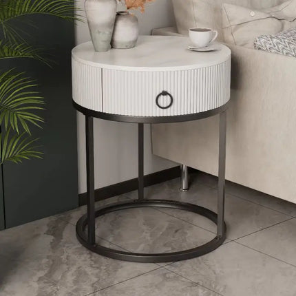 CelesteRound Modern Slate Nightstand – Minimalist Luxury Metal Side Table with Drawer for Bedroom & Living Elegance