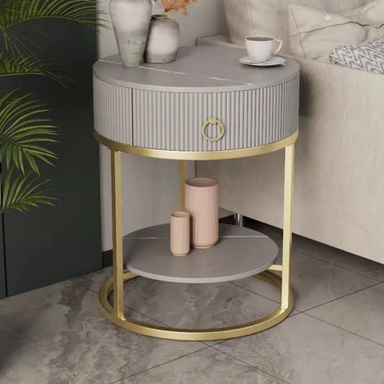 CelesteRound Modern Slate Nightstand – Minimalist Luxury Metal Side Table with Drawer for Bedroom & Living Elegance