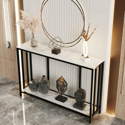 The House Of Bonney 47.2” Modern Sintered Stone Console Table – White Marble Entryway Table With Black Metal Base