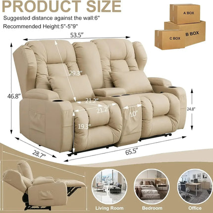 Savona65 Luxe Reclining RV 2-Seater with Center Console – Wall-Hugging Dual Recliner Sofa in Classic Beige