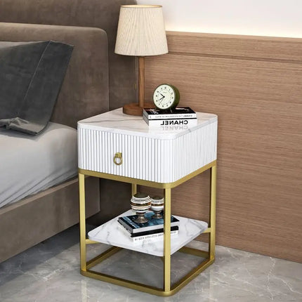 CelesteRound Modern Slate Nightstand – Minimalist Luxury Metal Side Table with Drawer for Bedroom & Living Elegance