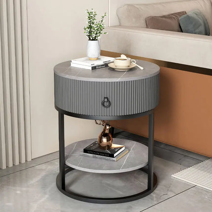 CelesteRound Modern Slate Nightstand – Minimalist Luxury Metal Side Table with Drawer for Bedroom & Living Elegance