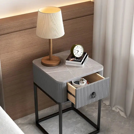 CelesteRound Modern Slate Nightstand – Minimalist Luxury Metal Side Table with Drawer for Bedroom & Living Elegance