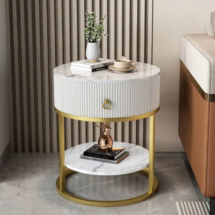 CelesteRound Modern Slate Nightstand – Minimalist Luxury Metal Side Table with Drawer for Bedroom & Living Elegance