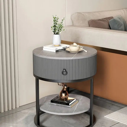 CelesteRound Modern Slate Nightstand – Minimalist Luxury Metal Side Table with Drawer for Bedroom & Living Elegance