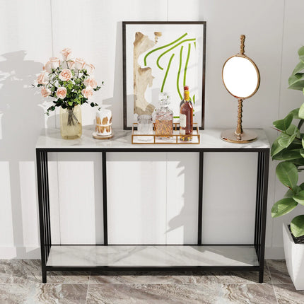 The House Of Bonney 47.2” Modern Sintered Stone Console Table – White Marble Entryway Table With Black Metal Base
