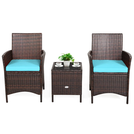 3PCS Patio Rattan Furniture Set Cushioned Sofa Glass Tabletop Deck Blue