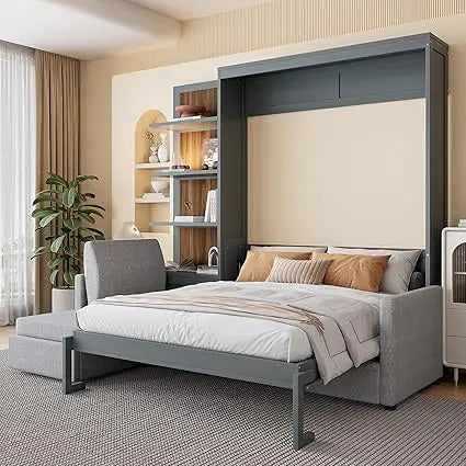 Harper Queen Convertible Wall Bed — Murphy Bed + Sofa With Storage Shelves (Gray)
