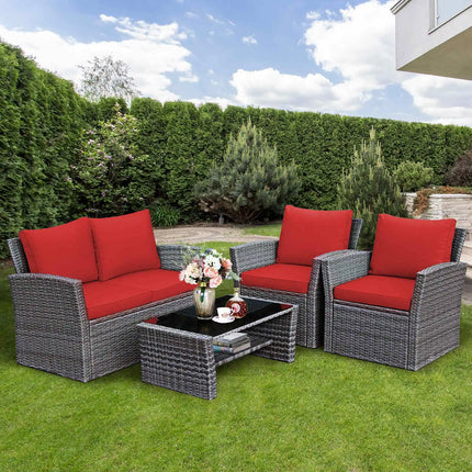 Maison Veranda: 4-Piece Rattan Conversation Set with Storage Coffee Table & Red Cushions