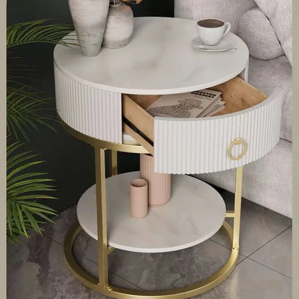 CelesteRound Modern Slate Nightstand – Minimalist Luxury Metal Side Table with Drawer for Bedroom & Living Elegance