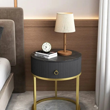 CelesteRound Modern Slate Nightstand – Minimalist Luxury Metal Side Table with Drawer for Bedroom & Living Elegance