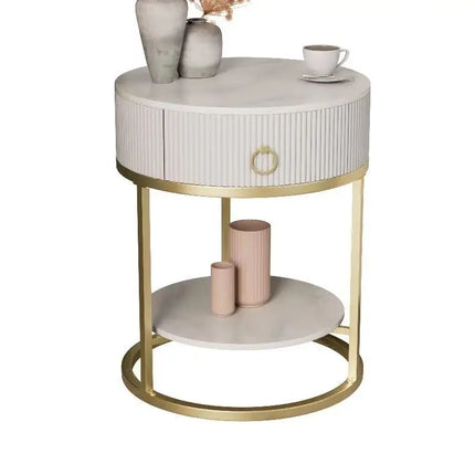 CelesteRound Modern Slate Nightstand – Minimalist Luxury Metal Side Table with Drawer for Bedroom & Living Elegance