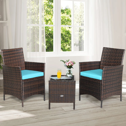 3PCS Patio Rattan Furniture Set Cushioned Sofa Glass Tabletop Deck Blue
